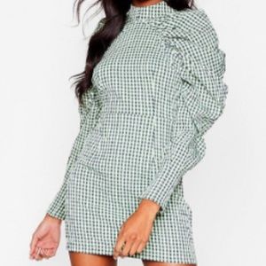 CHECK PUFF SLEEVE BODYCON DRESS